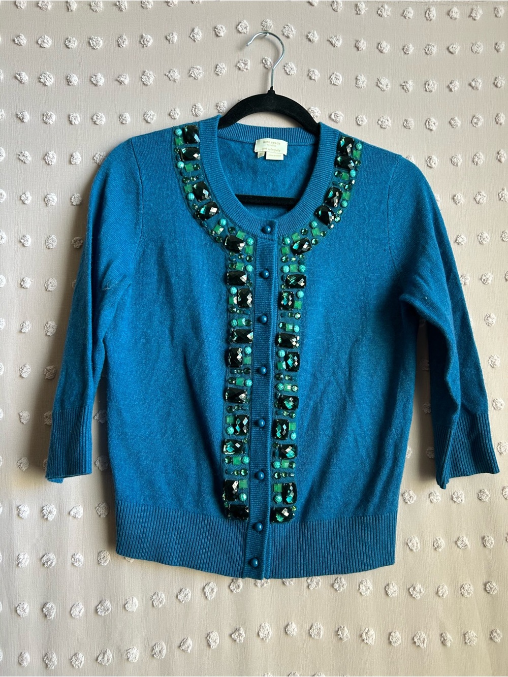 Kate Spade Gemstone Detail Wool Cashmere Cardigan Sweater Sz S‎ Teal Blue